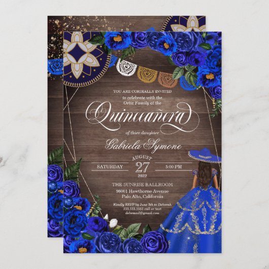 Royal Blue Rose Western Charro Rustic Quinceanera Einladung (Vorne/Hinten)