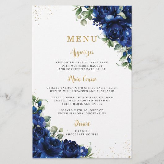 Royal Blue Roses Floral Flowers Menu Sheet  Flyer (Vorne)