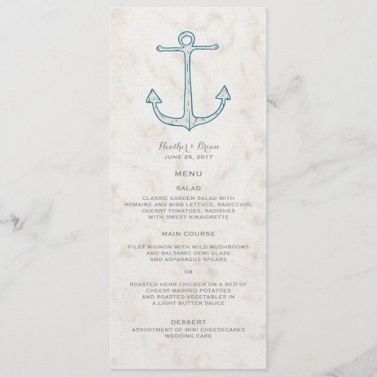 Royal Blue Rustic Anchor Wedding Menu Menükarte (Vorderseite)