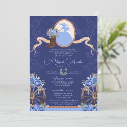 Royal Blue Rustic Baroque Charro Quinceanera Einladung (Stehend Vorderseite)