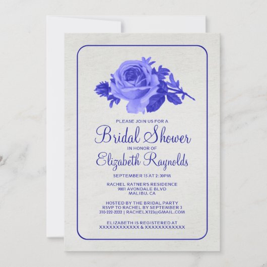 Royal Blue Rustic Floral Bridal Dusche Einladungen (Vorderseite)