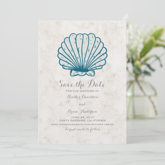 Royal Blue Rustic Seashell Save the Date einladen (Stehend Vorderseite)