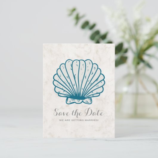 Royal Blue Rustic Seashell Save the Date Postcard Ankündigungspostkarte (Stehend Vorderseite)