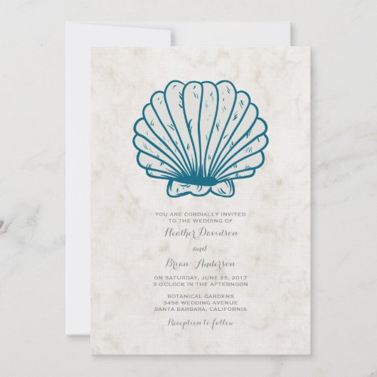 Royal Blue Rustic Seashell Wedding Einladung (Vorderseite)