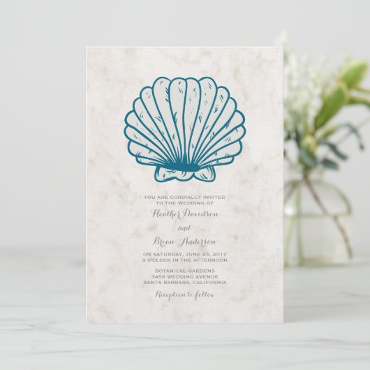 Royal Blue Rustic Seashell Wedding Einladung (Stehend Vorderseite)