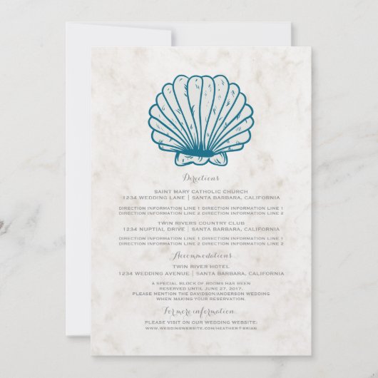 Royal Blue Rustic Seashell Wedding Information Einladung (Vorderseite)