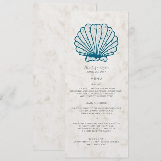 Royal Blue Rustic Seashell Wedding Menu Menükarte (Vorne/Hinten)