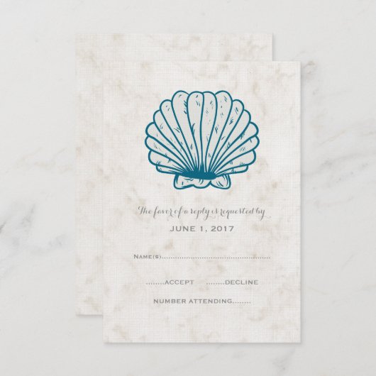 Royal Blue Rustic Seashell Wedding RSVP Card (Vorne/Hinten)