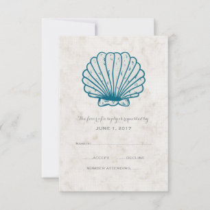Royal Blue Rustic Seashell Wedding RSVP Card Karte