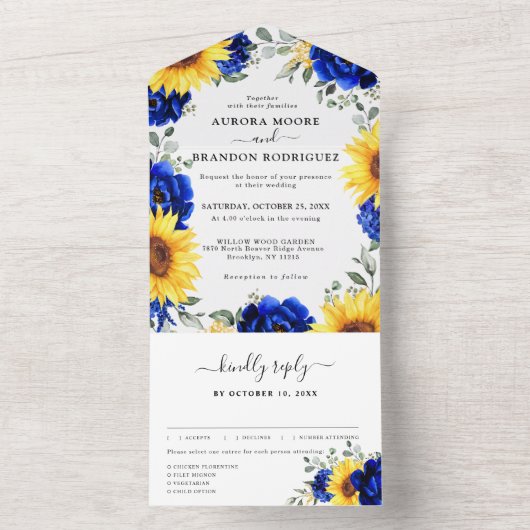 Royal Blue Rustic Sonnenblume Moderne Blumenhochze All In One Einladung (Innen Boden)