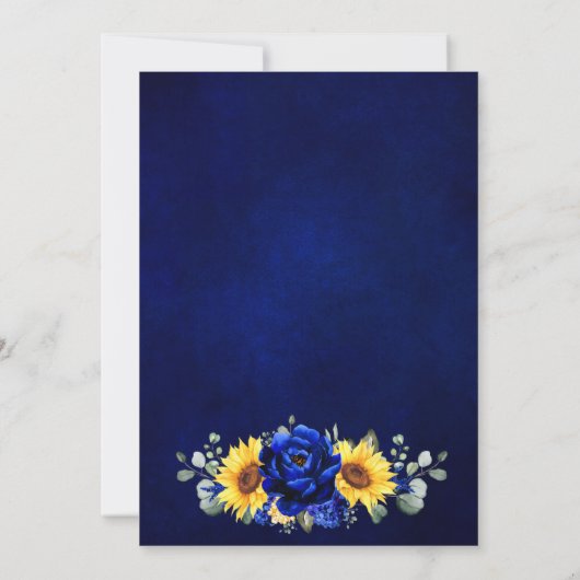Royal Blue Rustic Sonnenblume Moderne Blumenhochze Einladung (Rückseite)