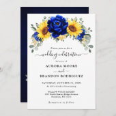 Royal Blue Rustic Sonnenblume Moderne Blumenhochze Einladung (Vorne/Hinten)