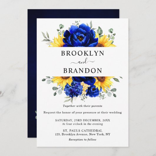 Royal Blue Rustic Sonnenblume Moderne Blumenhochze Einladung (Vorne/Hinten)