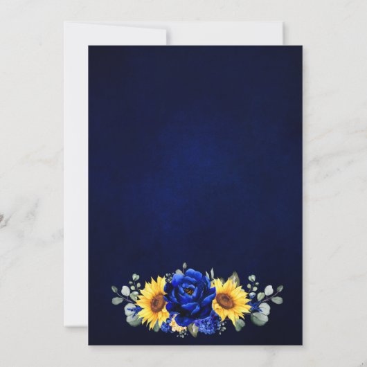 Royal Blue Rustic Sonnenblume Moderne Blumenhochze Einladung (Rückseite)