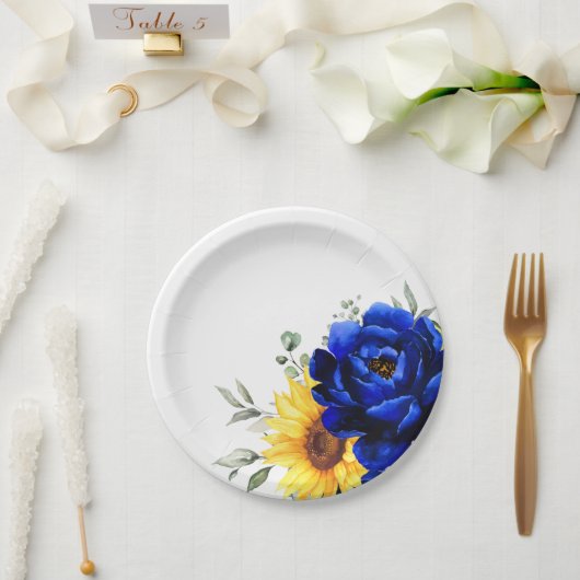 Royal Blue Rustic Sonnenblume Moderne Blumenhochze Pappteller (Hochzeit)