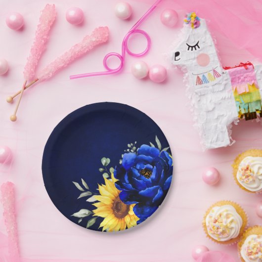 Royal Blue Rustic Sonnenblume Moderne Blumenhochze Pappteller (Party)