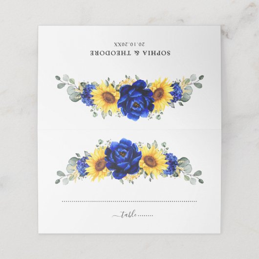 Royal Blue Rustic Sonnenblume Moderne Blumenhochze Platzkarte (Außenseite Aufgefaltet)
