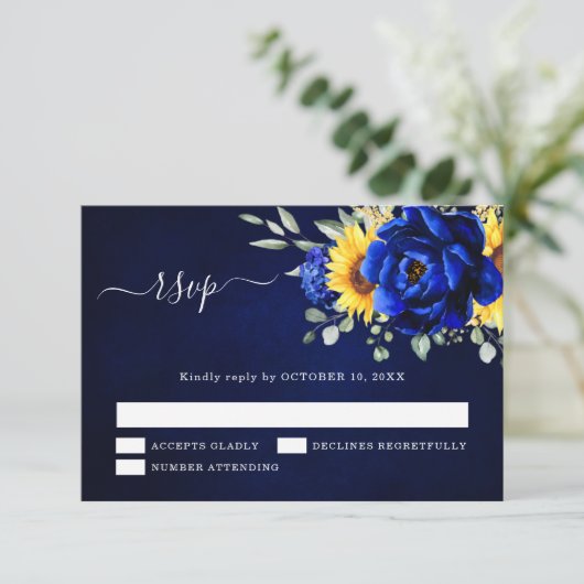 Royal Blue Rustic Sonnenblume Moderne Blumenhochze RSVP Karte (Stehend Vorderseite)
