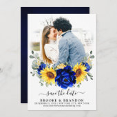 Royal Blue Rustic Sonnenblume Moderne Blumenhochze Save The Date (Vorne/Hinten)