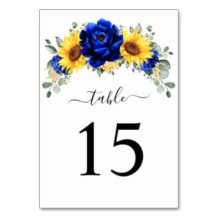 Royal Blue Rustic Sonnenblume Moderne Blumenhochze Tischnummer
