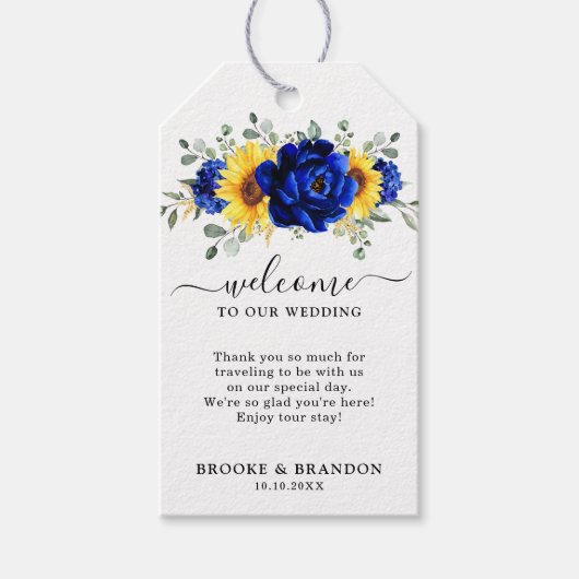 Royal Blue Rustic Sonnenblume Moderne Hochzeit Wil Geschenkanhänger (Vorderseite)