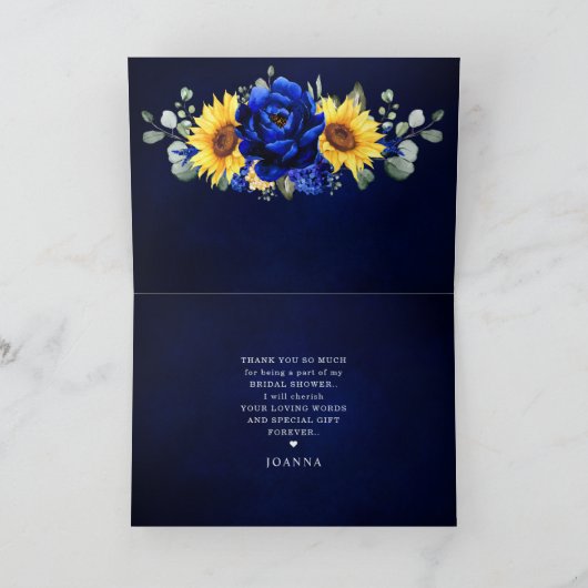Royal Blue Rustic Sonnenblume Modernes Brautparty Dankeskarte (Innenseite)