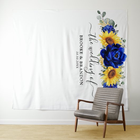 Royal Blue Rustic Sonnenblume Modernes Hochzeitsba Wandteppich (Beispiel (Horizontal))
