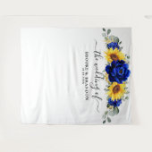 Royal Blue Rustic Sonnenblume Modernes Hochzeitsba Wandteppich (Vorderseite (Horizontal))