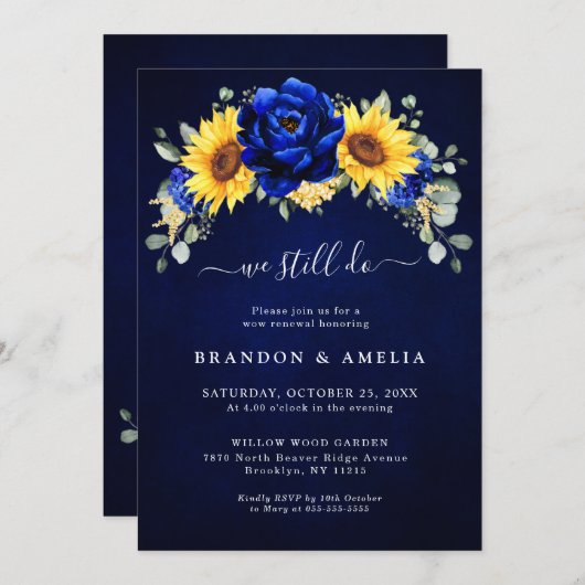 Royal Blue Rustic Sonnenblume Wir machen noch Einl Einladung (Vorne/Hinten)