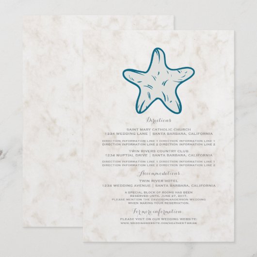 Royal Blue Rustic Starfish Hochzeitsinformationen Einladung (Vorne/Hinten)