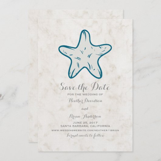 Royal Blue Rustic Starfish Save the Date einladen (Vorne/Hinten)