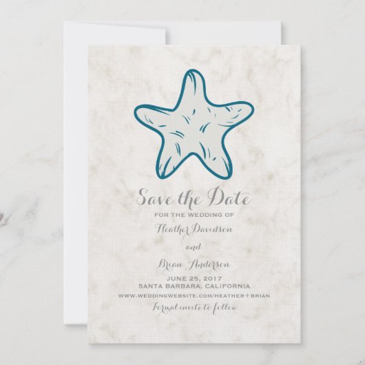 Royal Blue Rustic Starfish Save the Date einladen (Vorderseite)