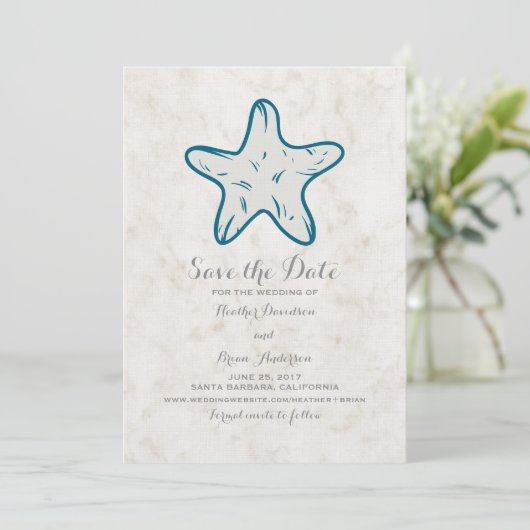 Royal Blue Rustic Starfish Save the Date einladen (Stehend Vorderseite)
