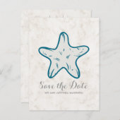 Royal Blue Rustic Starfish Save the Date Postcard Ankündigungspostkarte (Vorne/Hinten)