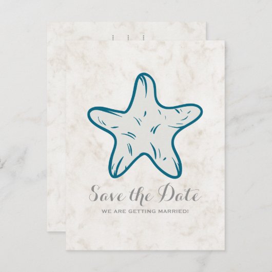 Royal Blue Rustic Starfish Save the Date Postcard Ankündigungspostkarte (Vorne/Hinten)