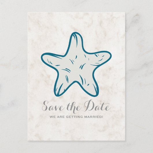 Royal Blue Rustic Starfish Save the Date Postcard Ankündigungspostkarte (Vorderseite)