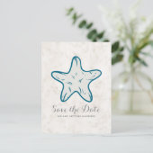 Royal Blue Rustic Starfish Save the Date Postcard Ankündigungspostkarte (Stehend Vorderseite)