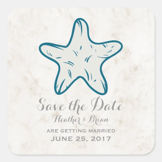 Royal Blue Rustic Starfish Save the Date Quadratischer Aufkleber (Vorderseite)