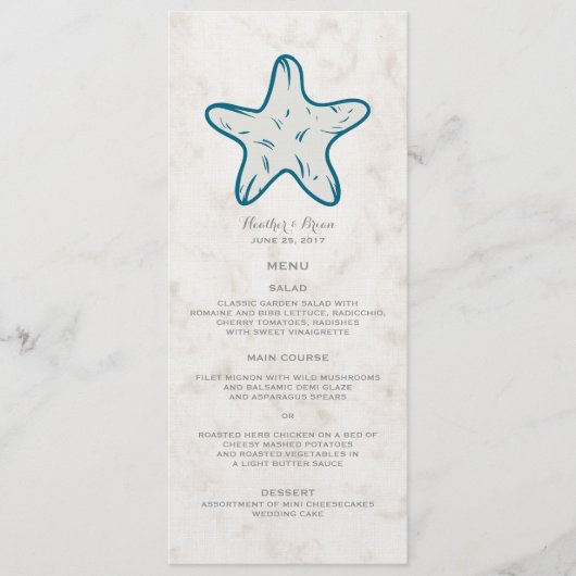 Royal Blue Rustic Starfish Wedding Menu Menükarte (Vorderseite)