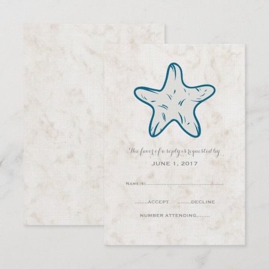 Royal Blue Rustic Starfish Wedding RSVP Card (Vorne/Hinten)