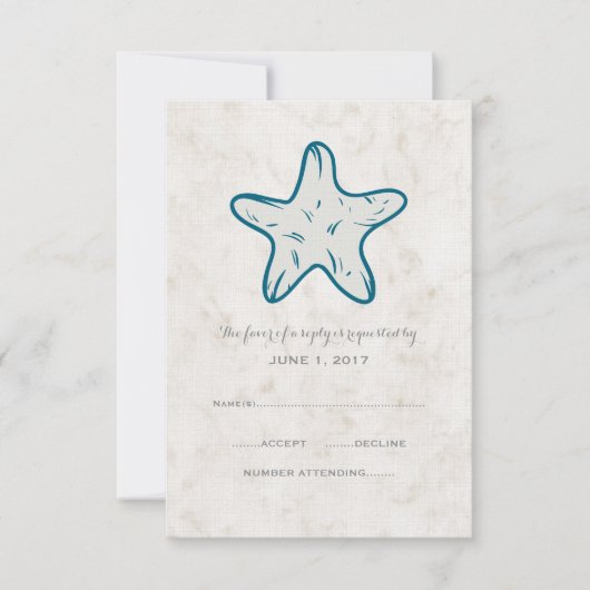 Royal Blue Rustic Starfish Wedding RSVP Card Karte (Vorderseite)