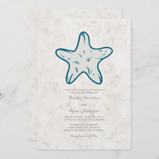 Royal Blue Rustic Starfish Wedite Einladung (Vorne/Hinten)