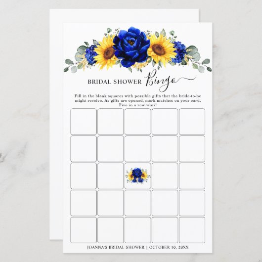 Royal Blue Rustic Sunflower Brautparty Bingo (Vorne/Hinten)
