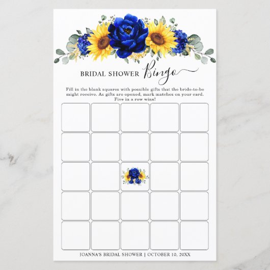 Royal Blue Rustic Sunflower Brautparty Bingo (Vorderseite)