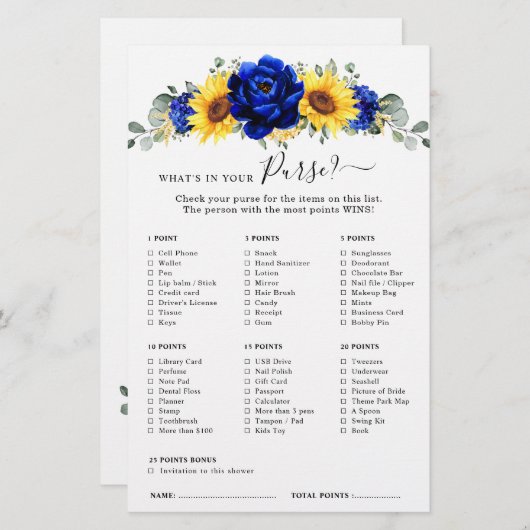 Royal Blue Rustic Sunflower Brautparty Game (Vorne/Hinten)