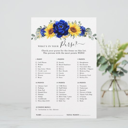 Royal Blue Rustic Sunflower Brautparty Game (Stehend Vorderseite)