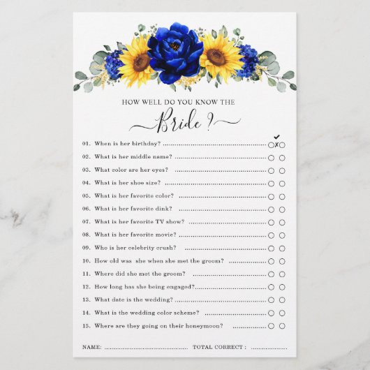 Royal Blue Rustic Sunflower Brautparty Game (Vorderseite)