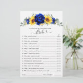 Royal Blue Rustic Sunflower Brautparty Game (Stehend Vorderseite)