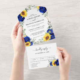 Royal Blue Rustic Sunflower Geometric Wedding All In One Einladung