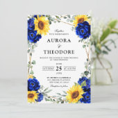 Royal Blue Rustic Sunflower Geometric Wedding Inv Einladung (Stehend Vorderseite)